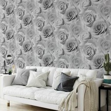 Muriva Bella Grey Flower Wallpaper Rose Bloom 3D Effect Floral Designer 