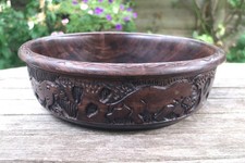 Mid Century Large Hand Carved African Hardwood Fruit Bowl Animals