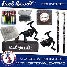 Multi Rod Fishing Set 2x Rods Telescopic  2x Spinning Reels Box Hooks floats