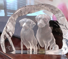 intage Crystal Glass Paperweight Labrador Father & Son