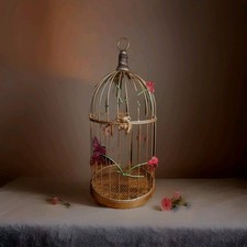 Antique Gold Bird Cage with Red Flowers and Butterflies Luxury Decor Gift Idea