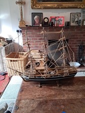 Vintage Wooden Model Sailing Ship with Sails Rolled Up 63 X 52 Cm