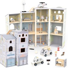 Wooden Fire Station & Police Station Playset for Kids – 3-Storey Toy Building