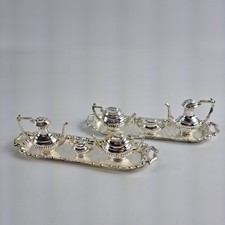 Mini Silver Tea Set Ornamental Tray Teapot Creamer Sugar Dollhouse Decor