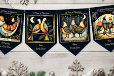 Twelve Days of Christmas Traditional Folk Art Style Christmas Bunting - 12 Flags