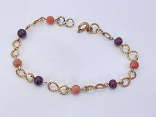 Vintage Handmade 9ct Gold Coral & Garnet 7 1/4" Bracelet. Goldmine Jewellers.