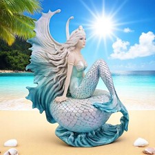 Elegant Mermaid Sitting on Shell Figurine Fantasy Ocean Goddess Statue 25cm