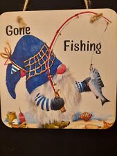 Handmade Mdf Decoupage Gone  Fishing Gnome Hanging Plaque Free P&p