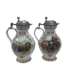 Vintage Weinkass German Beer Steins Pair with Pewter Lids 25th Anniversary Used 
