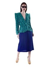 Vintage 80s Green Floral Peplum Dress with Shoulder Pads Power Silhouette Blue