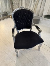Ornate Louis Chair Black Velvet & Silver With Diamante Buttons