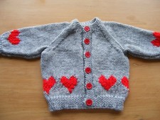 HAND KNITTED RED HEARTS BABY CARDIGAN - 0 - 3 MONTHS