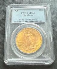 US 1908 Gold $20 20 Dollars PCGS MS66 Double Eagle Saint Gaudens No Motto