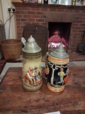 Here Are 2 X German Glazed Beer Steins Tankards with Pewter Lids.