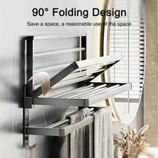 Double Tier Towel Rail Holder Wall Mounted Bathroom Rack Shelf With Hook Folding