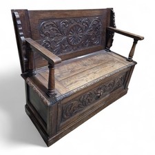 Antique carved oak monks bench - oak,