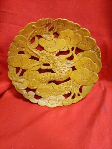 Carved wooden dragon plate - wooden,