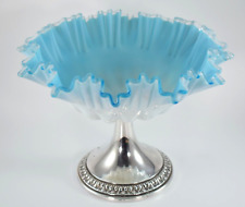 ANTIQUE EDWARDIAN WMF RUFFLED MILK GLASS and SILVER PLATE TAZZA CENTREPIECE BOWL