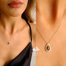 14K Gold Emerald Necklace, Emerald Pendant, Pear Shape Emerald Solitaire Drop