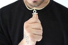 Mens 9ct Gold XP Ankh Cross Pendant On 6mm 24" Curb Chain, Shiny CZ Stones