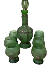 Antique Filigree Wire Overlay Green Decanter /Wine Bottle & 6 matching goblets 
