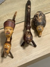 2 Hand Carved Tobacco Pipes 11” Long One With 2 Faces Other One Face Needs TLC