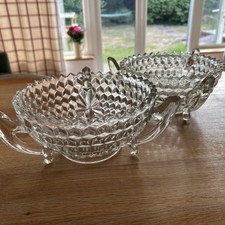 Antique 1930s beautiful pair of pressed glass fruit serving bowls with handles