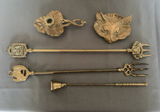 Selection Of Brass Items Cat Ashtray , Snuffer , Toasting Forks & Candle Holder
