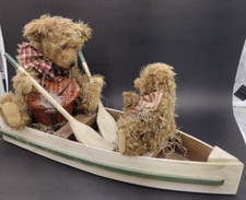 Wooden Fishing Row Boat W/Fishing Plush Bears Homemade 