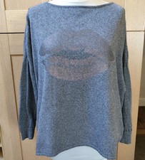 MINT VELVET Womens Size Small Oversized Cotton Cashmere Blend Grey Lips Jumper 