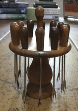 Vintage Cocktail Forks x 12 with Wooden Handles on a Wooden Revolving Stand 