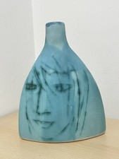 Vintage Signed Pirjo Nylander Faces Studio Pottery Vase, Teal, 8.5” MCM Finland