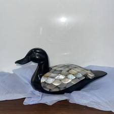 Vintage Hand Carved Black Wooden Duck Figurine With Mother Of Pearl Inlay 