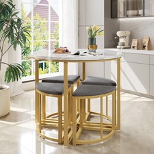 Dining Table and Chairs Set of 4 Space-Saving Kitchen Table Stools w/ Metal Legs