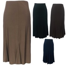 New Ladies Plain Elastic Waist Panel Godet Calf Midi Length Skirt Flared Work