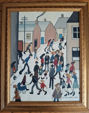 L S LOWRY - Framed Oil Painting on Board - Busy Street Scene - Charming!!!