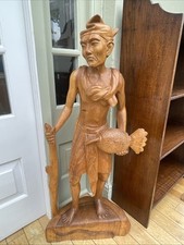 20th Century Carved Exotic Wood Art Sculpture Statue Depicts Man Holding Staff