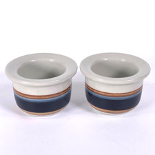 Arabia Finland Taika Egg Cup x 2 Pair Stripped Blue Brown 1970s Inkeri Seppala