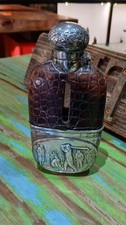 Antique 20thC Novelty Silver Plate & Crocodile Leather Golfing Hip Flask c.1920