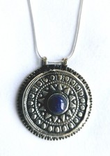 Afghan 4.3cm Round Lapis WhiteMetal Tribal Pendant & 925 Silver 18" Snake Chain