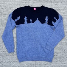 Trees Snow Ski Scene Jumper Mens M Blue Knit Cotton Stretch Alpine Nordic Winter