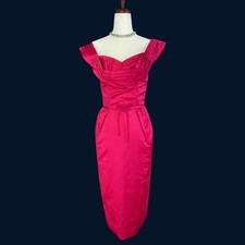 Vtg 50s Ceil Chapman Stunning Red Pink Satin Fitted Sheath Retro Cocktail Dress