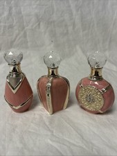 Set of 3 Cut glass, pink swirl enamel scent bottles - multi faceted screw tops
