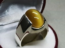Natural Deep Yellow Cats Eye Quartz Sterling Silver 925 Handmade Mens Plain Ring