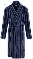 MENS FLEECE DRESSING GOWN WITH HOOD - BLUE STRIPED SIZE L - FANTASTIC QUALITY