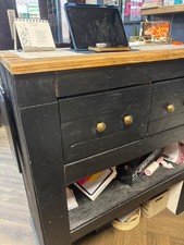 rustic solid wood reception desk. Used in a salon. Two drawers , storage. 