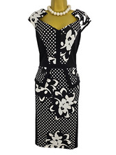 Vintage Joseph Ribkoff Pencil Wiggle Dress UK12 Black White Floral Dot Elegant