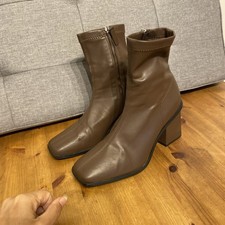 Pull and Bear Brown Vegan Boots With Side Zip And Block Hill Size 38