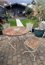WROUGHT IRON FOLDING GARDEN TABLE & 3 FOLDING CHAIRS SHABBY CHIC
