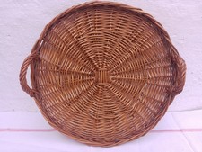 Vintage French Large Wicker Woven Round Bread Serving Tray With Handles Display